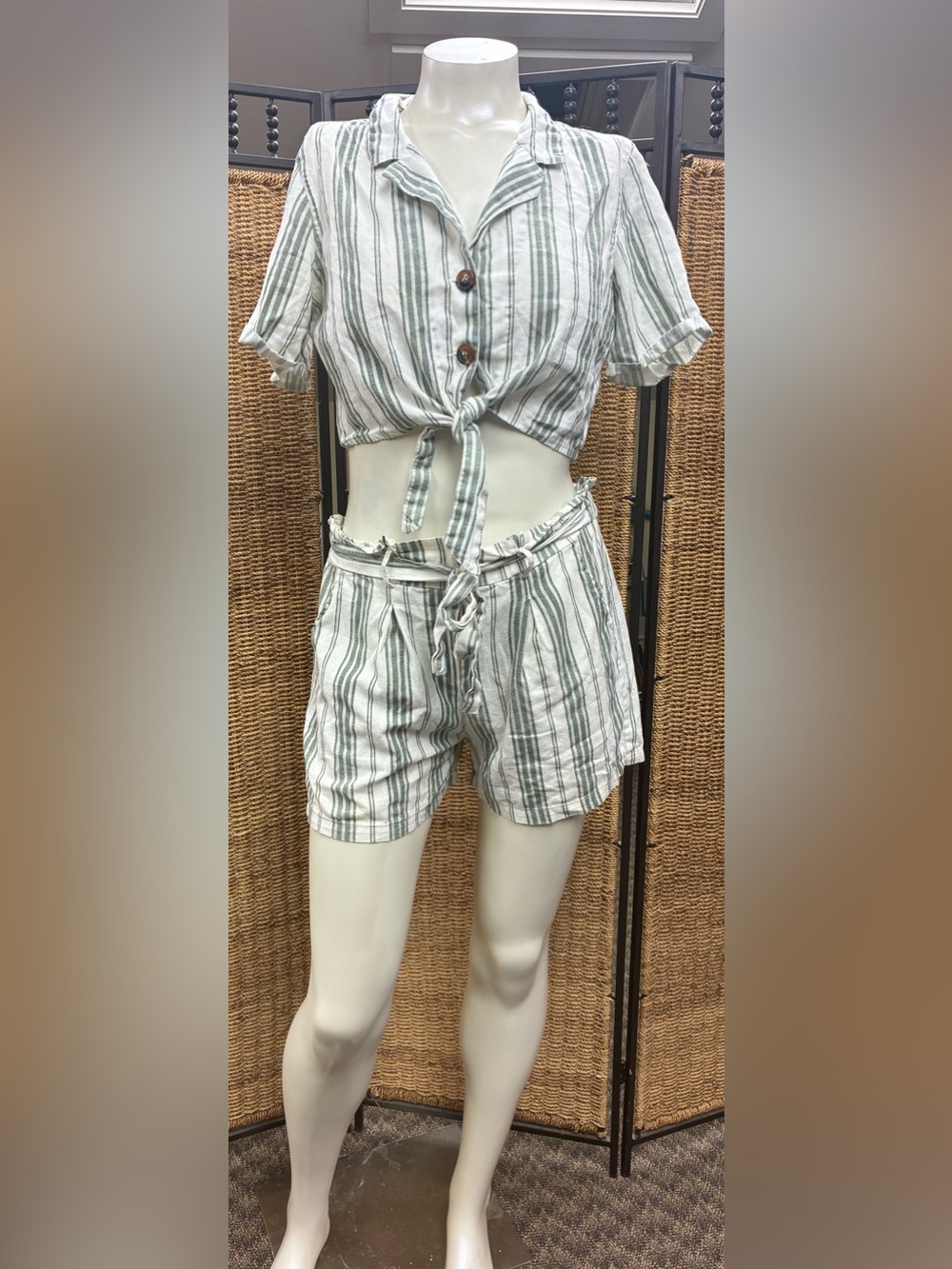 Spoon Jeans Striped 2PC Set Tie Front Crop Top & Shorts Boho Coastal Large